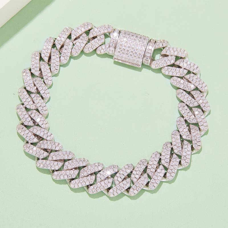 14mm宽Cuban ChainS925银镶Moissanite厘石圆形白色DVVS